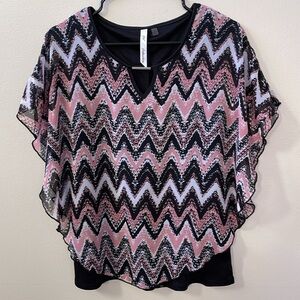 NY Collection Women's Chevron Patterned Top Pink and Black w/Silver Accent